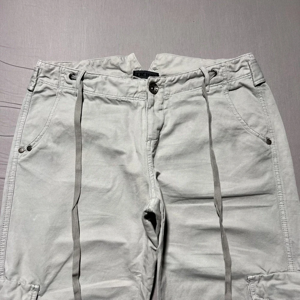 IKKS Cargo Pants Womens‎ 40 Light Gray Cropped Capri Drawstring Button Hem Twill